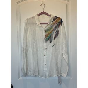 NWT STS Founder Alliance 100% Linen Button Down Shirt Feather Print Size Medium